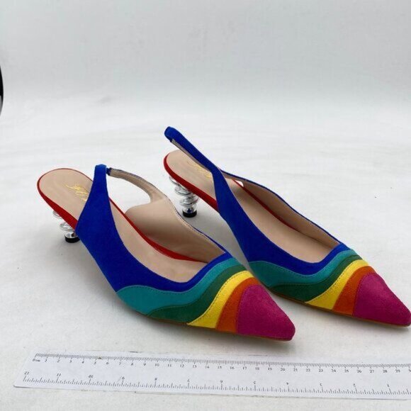FOWT Bright Rainbow Pointed Toe Kitten Heeled Slingback Pumps Sandals Shoes - Picture 4 of 8